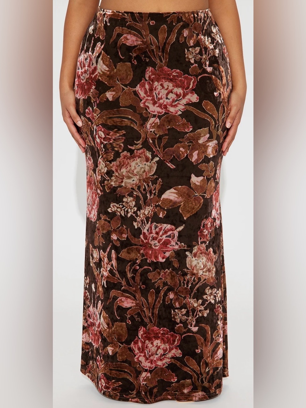 Fashion Nova Brown and Rust Floral Velvet Maxi Skirt